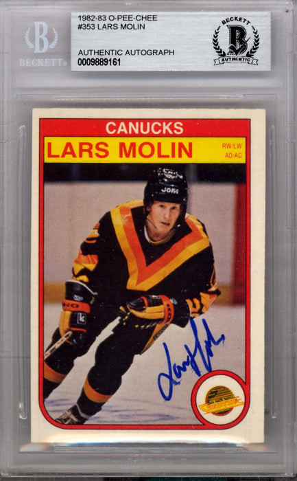 Lars Molin Autographed 1982 O-Pee-Chee Card #353 Vancouver Canucks Beckett BAS #9889161 - RSA