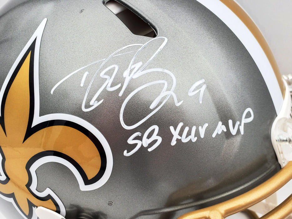 Drew Brees Autographed New Orleans Saints Flash Silver Full Size Authentic Speed Helmet "SB XLIV MVP" Beckett BAS QR Stock #197103 - RSA