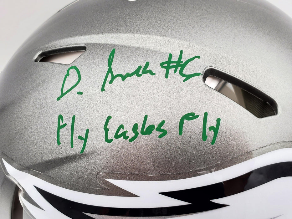 DeVonta Smith Autographed Philadelphia Eagles Flash Silver Full Size Authentic Speed Helmet "Fly, Eagles, Fly" Beckett BAS QR Stock #197109 - RSA