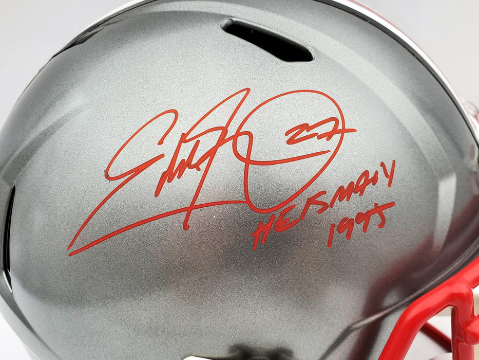 Eddie George Autographed Ohio State Buckeyes Flash Silver Full Size Replica Speed Helmet "Heisman 1995" Beckett BAS QR Stock #197134 - RSA