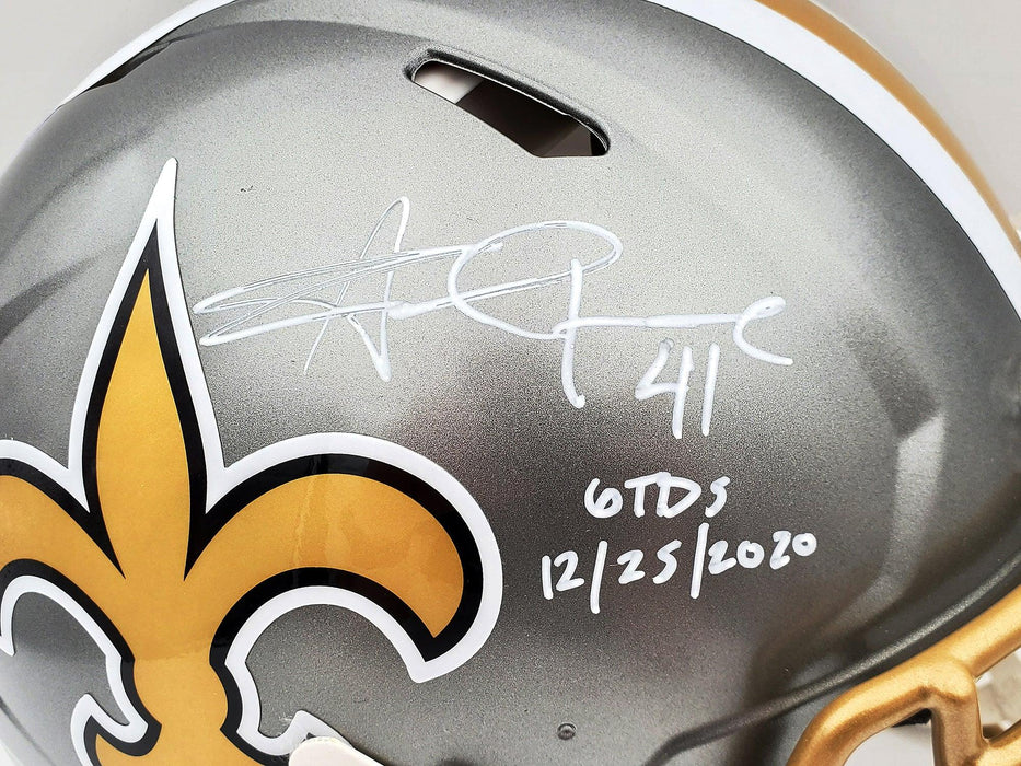 Alvin Kamara Autographed New Orleans Saints Flash Silver Full Size Authentic Speed Helmet "6 TDs 12-25-2020" Beckett BAS QR Stock #197146 - RSA