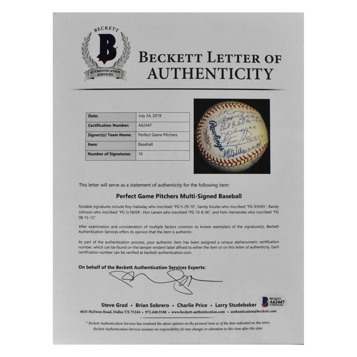 16 Signature Perfect Game Pitchers Signed with 16 Inscriptions MLB Baseball (Beckett A62447) - RSA