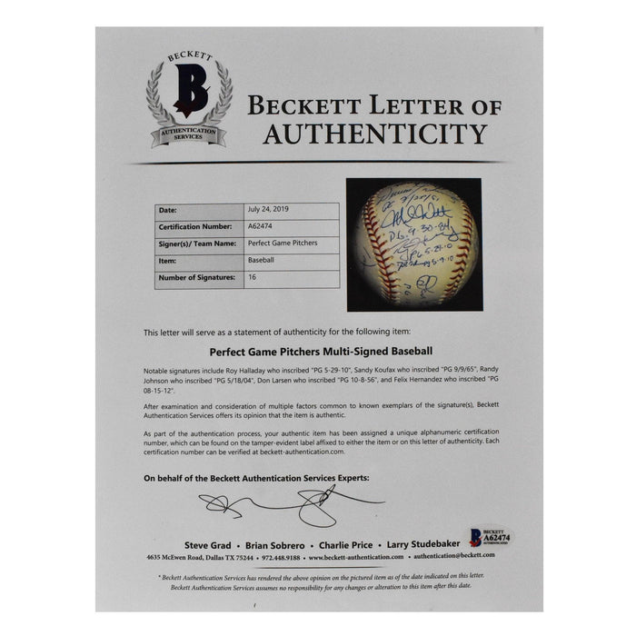 16 Signature Perfect Game Pitchers Signed with 16 Inscriptions MLB Baseball (Beckett A62474) - RSA