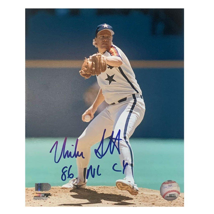 mike scott signed and inscribed 1986 nl cy 8x10 aiv certificate of authenticity