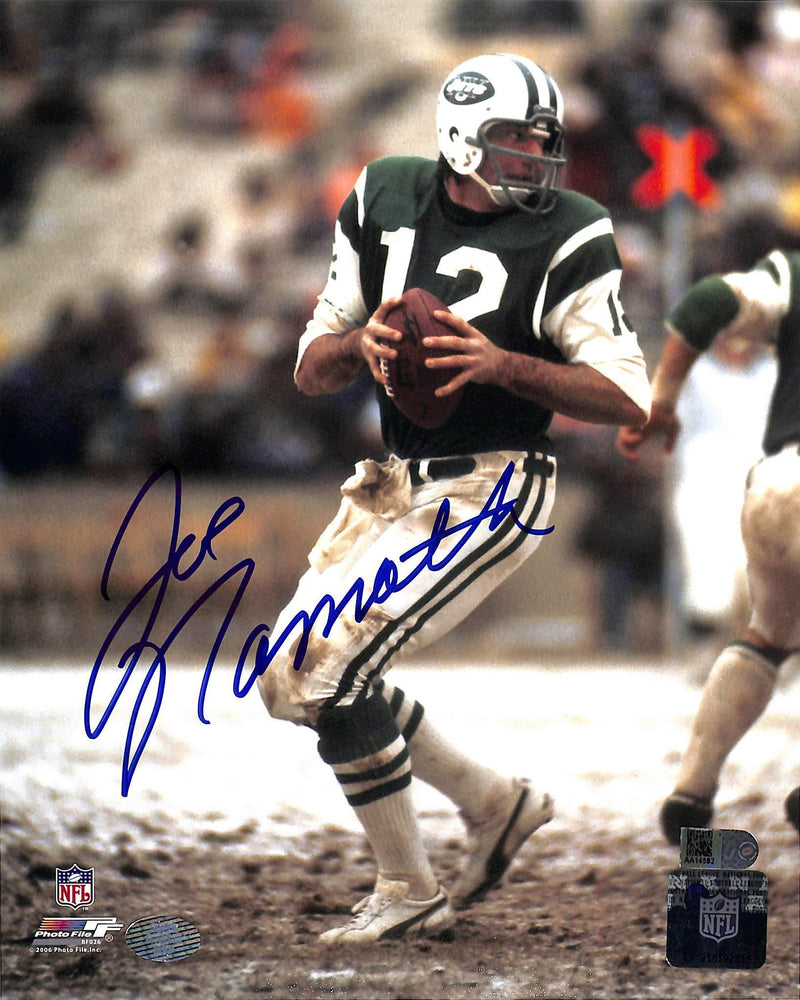 joe namath signed 8x10 photo dropping back aiv certificate of authenticity