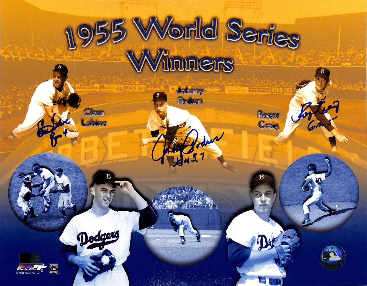 johnny podres clem labine & roger craig signed 11x14 photo game inscriptions aiv aa 14882 certificate of authenticity