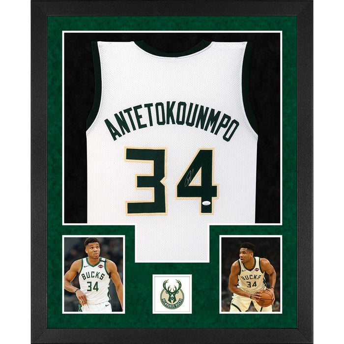 antetokounmpo autographed milwaukee bucks white double suede framed basketball jersey