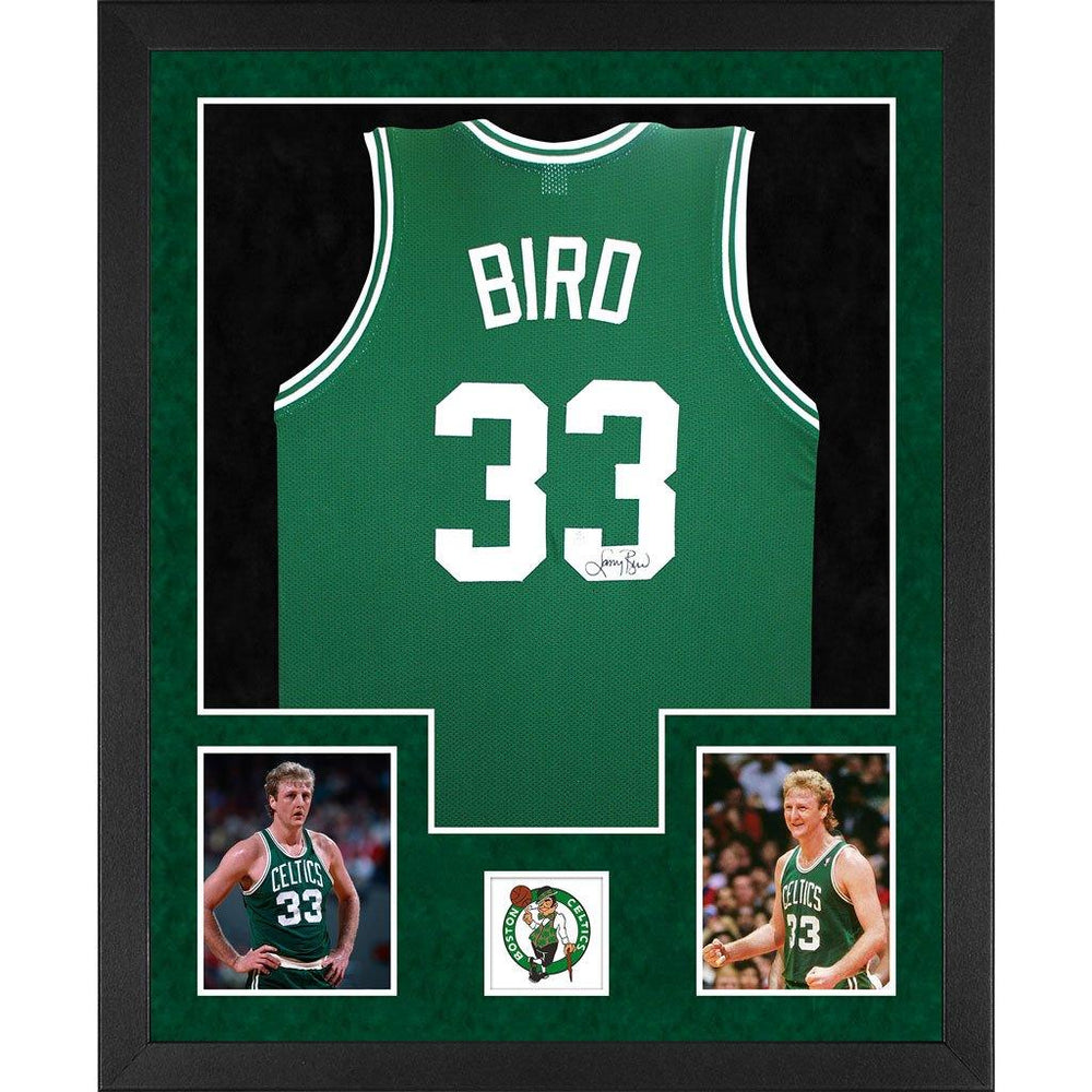 bird autographed boston celtics green double suede framed basketball jersey