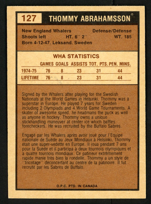 Thommy Abrahamsson Autographed 1975-76 WHA O-Pee-Chee Card #127 New England Whalers SKU #151329 - RSA