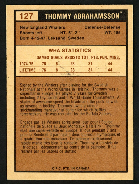 Thommy Abrahamsson Autographed 1975-76 WHA O-Pee-Chee Card #127 New England Whalers SKU #151420 - RSA