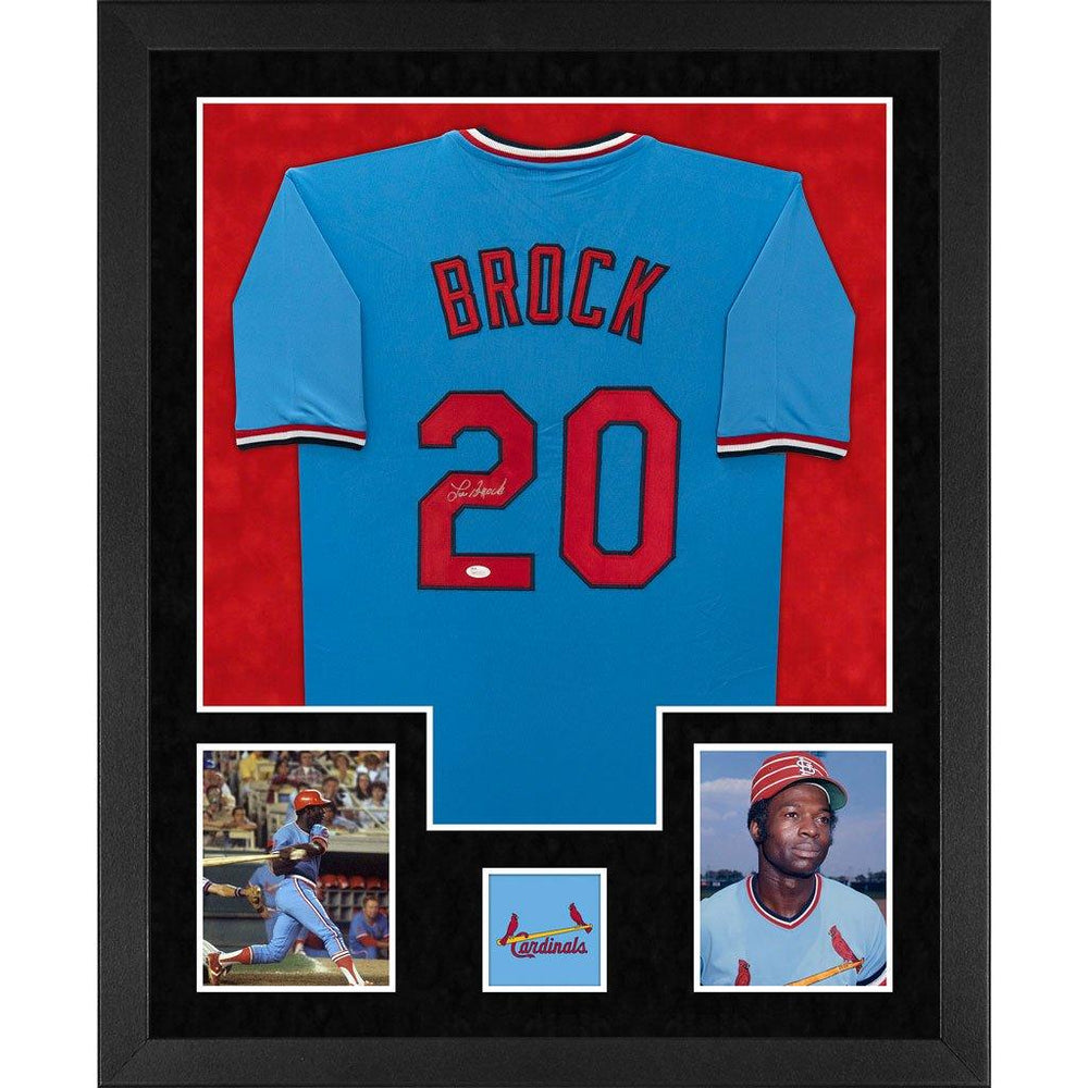 brock autographed st. louis cardinals blue double suede framed baseball jersey