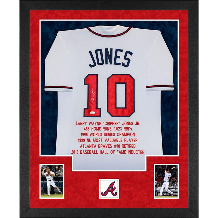 jones autographed atlanta braves stats white double suede framed baseball jersey
