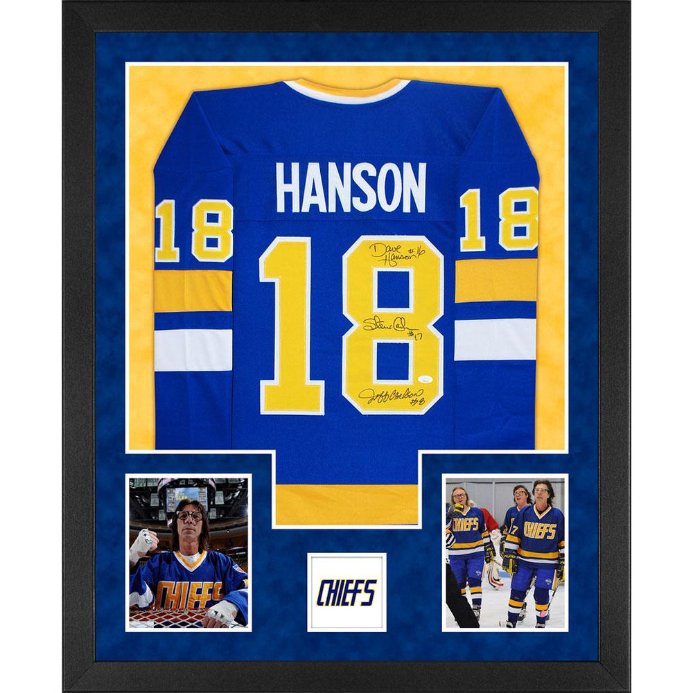 3-Signature Hanson Brothers Signed Slap Shot Double-Suede Vertical Framed Blue Jersey (JSA) - RSA