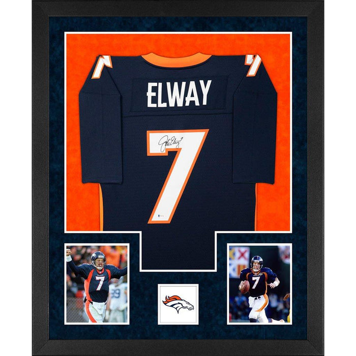 elway autographed denver broncos blue double suede framed football jersey