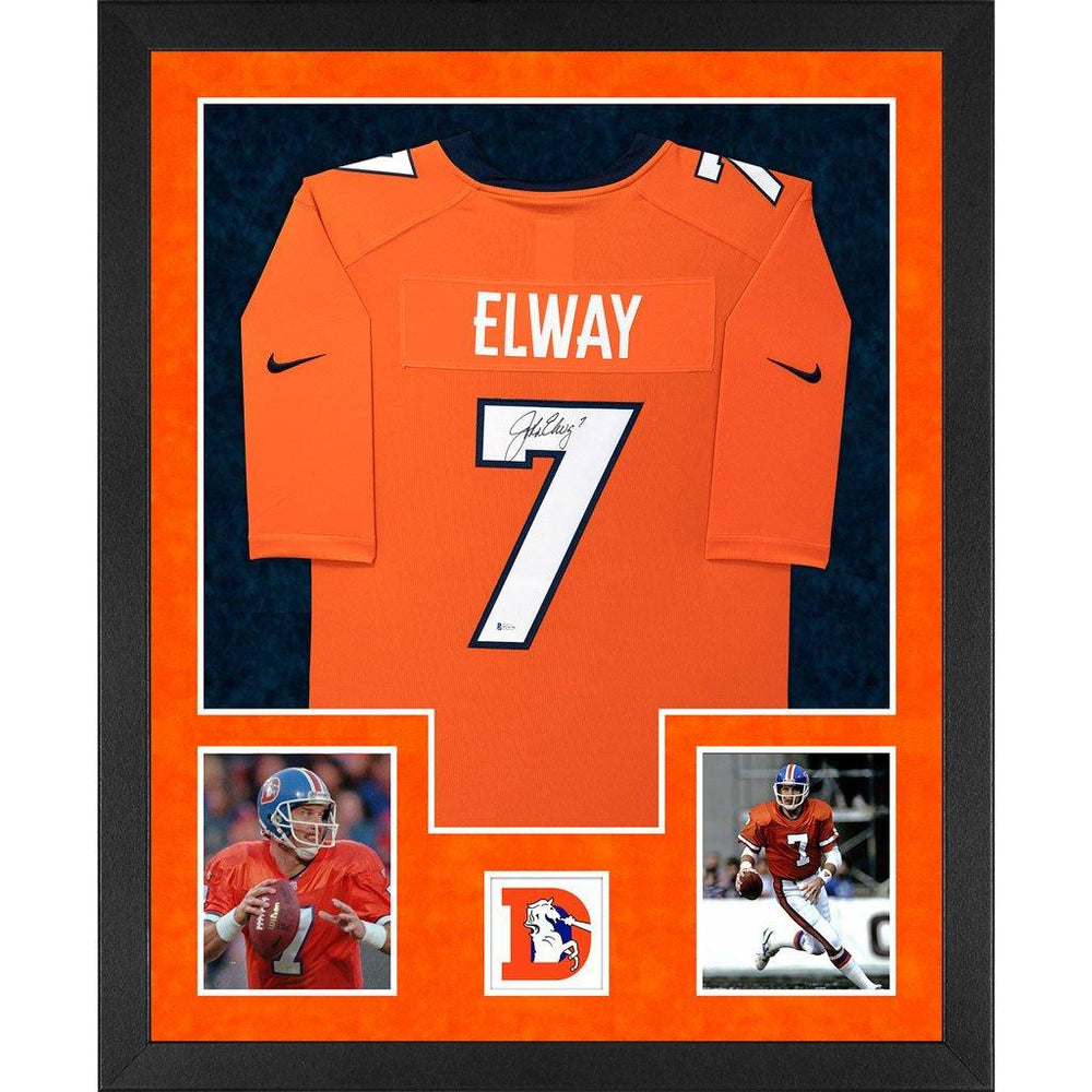 elway autographed denver broncos authentic nike orange double suede framed football jersey