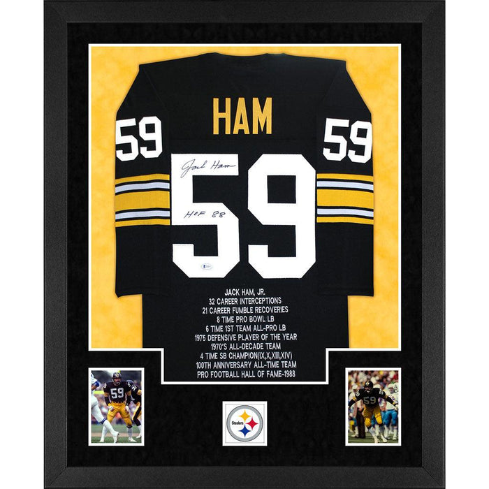 Jack Ham Signed Inscribed HOF 88 Pittsburgh Double-Suede Vertical Framed Black Stats Jersey (Beckett) - RSA