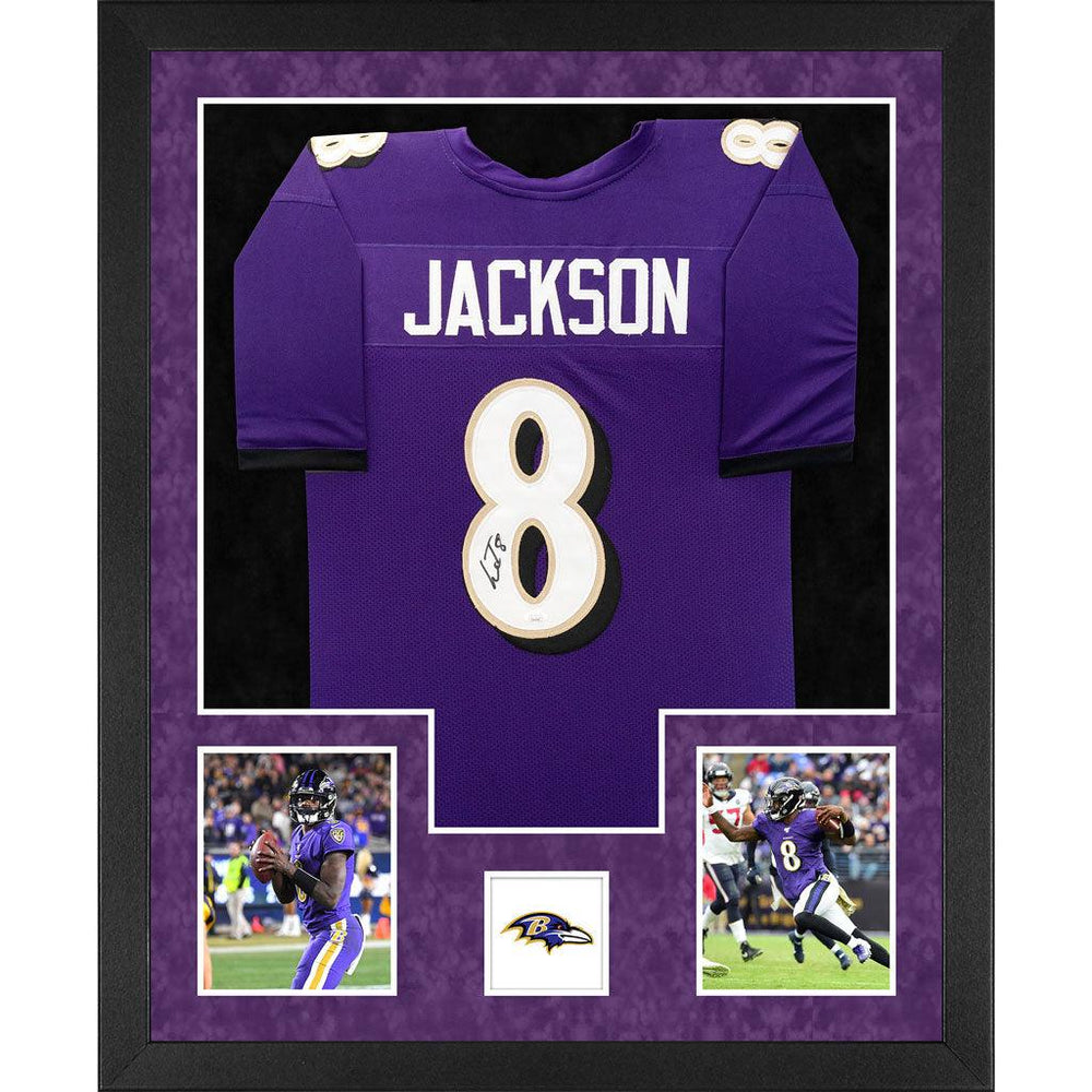 Lamar Jackson Signed Baltimore Double-Suede Vertical Framed Purple Jersey (JSA) - RSA