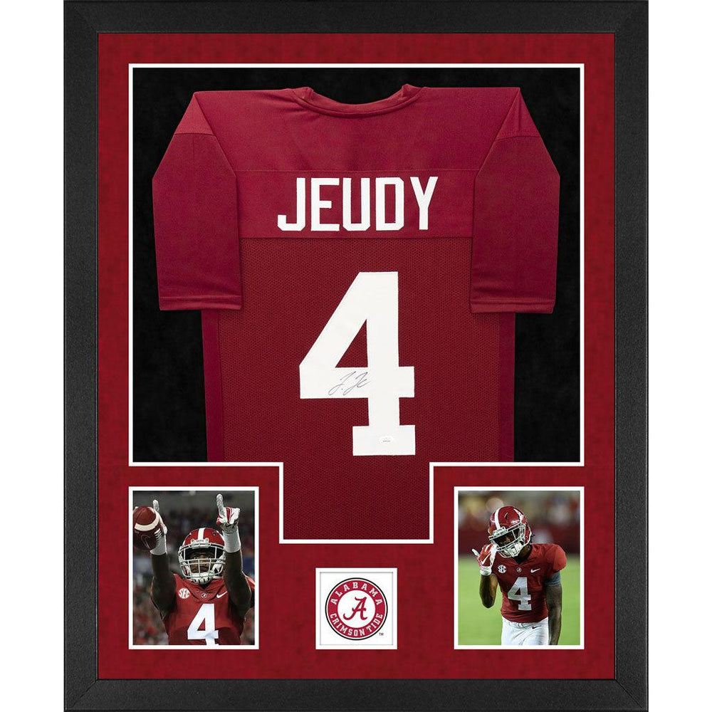 Jerry Jeudy Signed Alabama Double-Suede Vertical Framed Red Jersey (JSA) - RSA