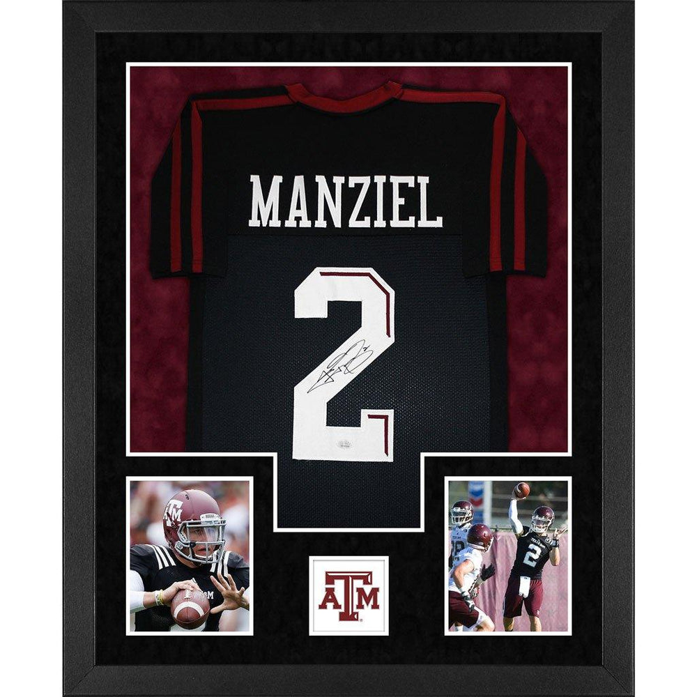 manziel autographed texas a&m aggies black double suede framed football jersey