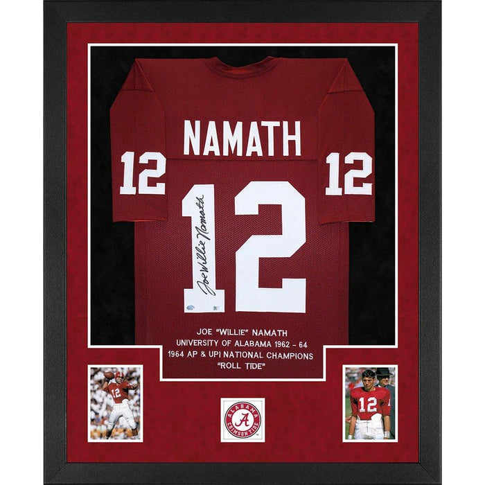 namath autographed alabama crimson tide stats red double suede framed football jersey