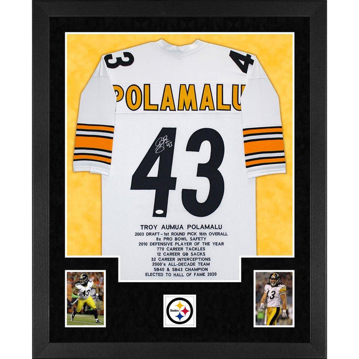 polamalu autographed pittsburgh steelers stats white double suede framed football jersey