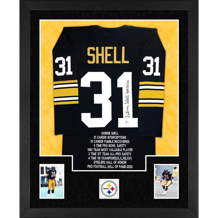 shell autographed pittsburgh steelers stats hof 2020 black double suede framed football jersey