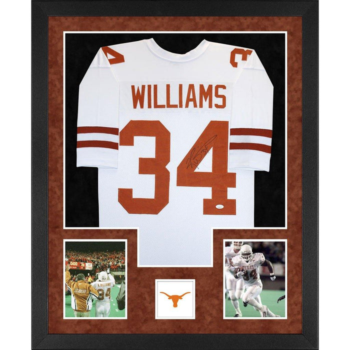 williams autographed texas longhorns white double suede framed football jersey