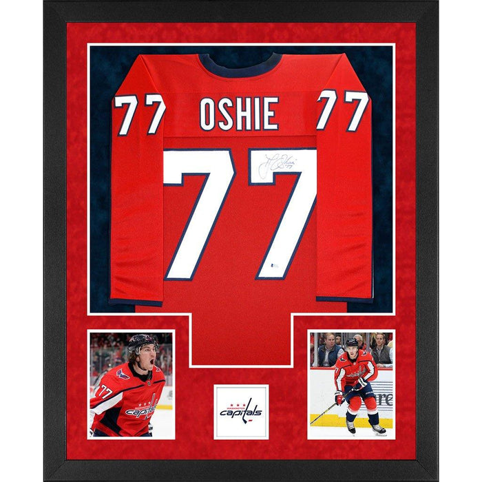 oshie autographed washington capitals red double suede framed hockey jersey
