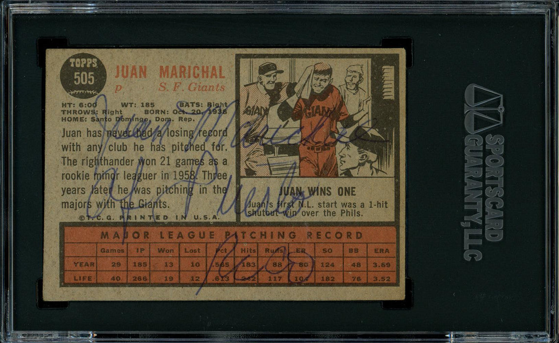 Juan Marichal Autographed 1962 Topps Card #505 San Francisco Giants "Puerto Rico" Vintage Signed Twice SGC #AU1002985 - RSA