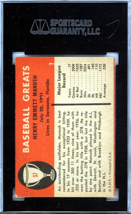 Heinie Manush Autographed 1961 Fleer Card #57 Washington Senators SGC #AU816593 - RSA