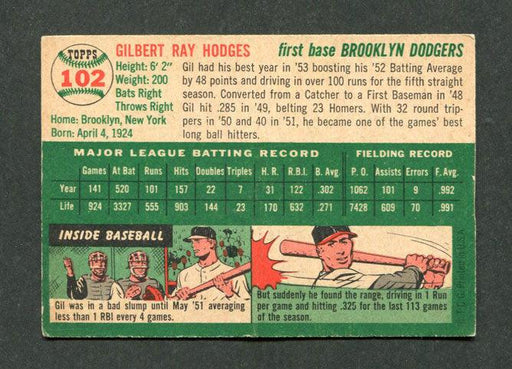 1954 topps 102 gil hodges brooklyn dodgers baseball card vg top view