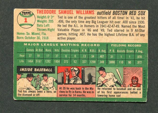 1954 topps 1 ted williams boston red sox baseball card vg top view