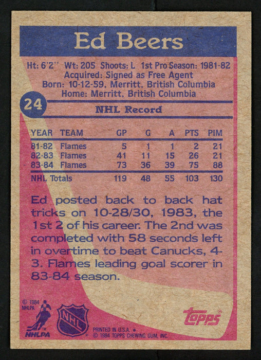 Ed Beers Autographed 1984-85 Topps Card #24 Calgary Flames SKU #152050 - RSA