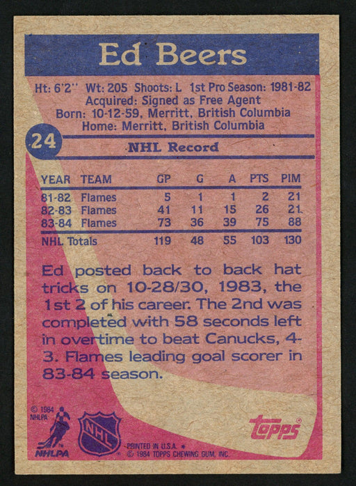 Ed Beers Autographed 1984-85 Topps Card #24 Calgary Flames SKU #152051 - RSA