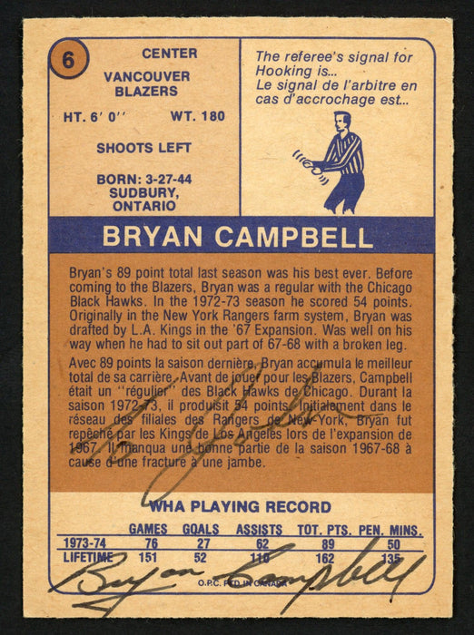 Bryan Campbell Autographed 1974-75 WHA O-Pee-Chee Card #6 Vancouver Blazers "To John" Signed Twice SKU #151899 - RSA