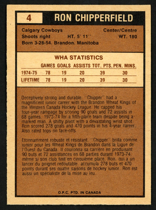 Ron Chipperfield Autographed 1975-76 WHA O-Pee-Chee Card #4 Calgary Cowboys SKU #151392 - RSA