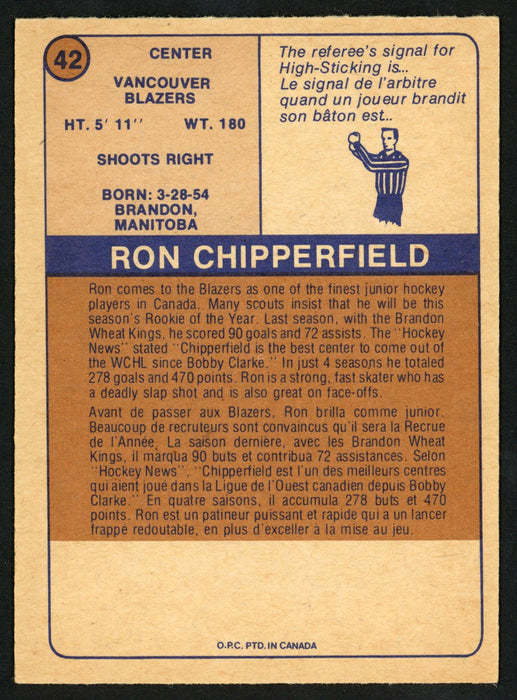 Ron Chipperfield Autographed 1974-75 WHA O-Pee-Chee Card #42 Vancouver Blazers SKU #151916 - RSA