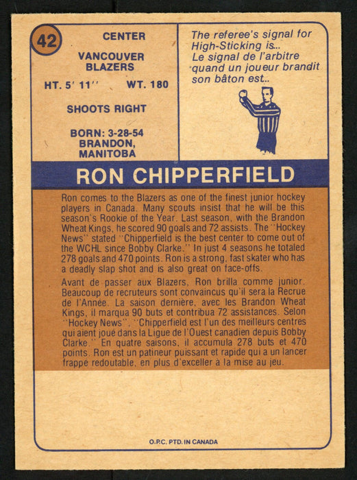Ron Chipperfield Autographed 1974-75 WHA O-Pee-Chee Card #42 Vancouver Blazers SKU #151915 - RSA