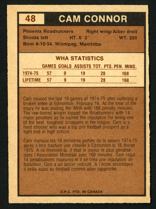Cam Connor Autographed 1975-76 WHA O-Pee-Chee Rookie Card #48 Phoenix Roadrunners SKU #151406 - RSA