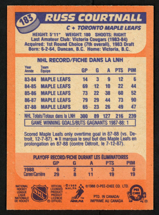 Russ Courtnall Autographed 1988-89 O-Pee-Chee Card #183 Toronto Maple Leafs SKU #152044 - RSA