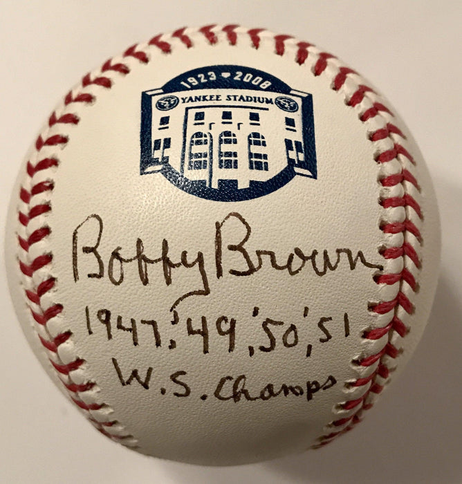 bobby brown signed and inscribed 1947 49 50 51 ws champs rawlings yankee stadium logo baseball jsa d certificate of authenticity