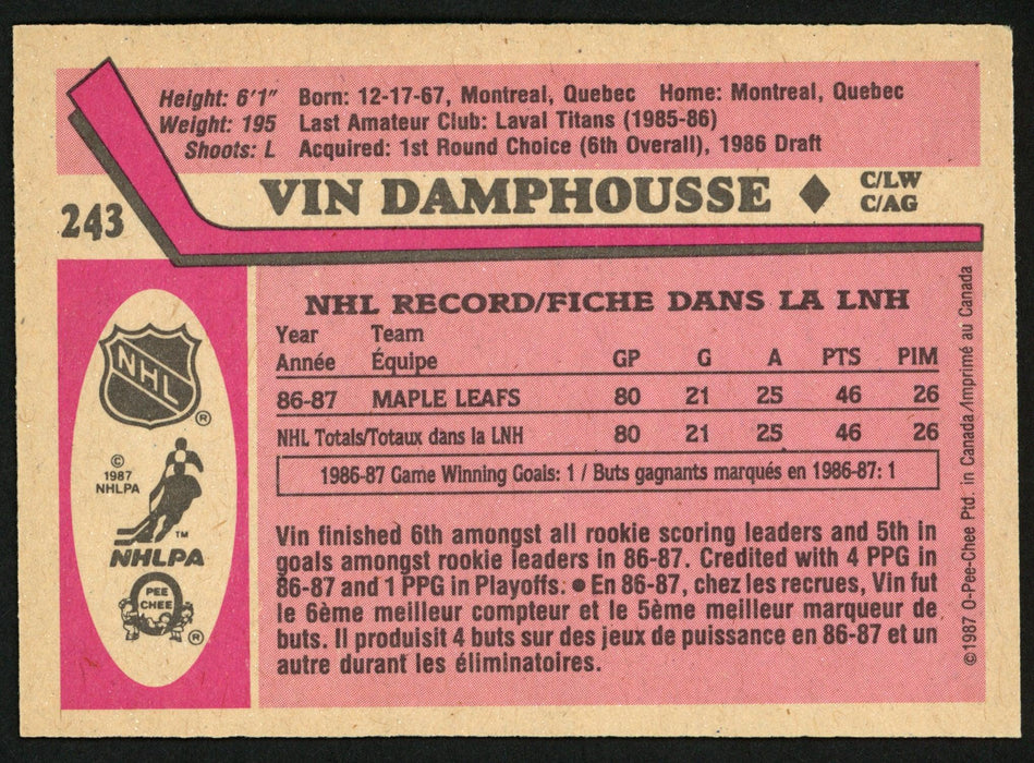 Vin Damphousse Autographed 1987-88 O-Pee-Chee Rookie Card #243 Toronto Maple Leafs SKU #150174 - RSA