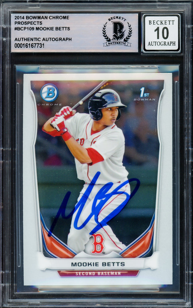 Mookie Betts Autographed 2014 Bowman Chrome Prospects Rookie Card #BCP109 Boston Red Sox Auto Grade Gem Mint 10 Beckett BAS Stock #220721