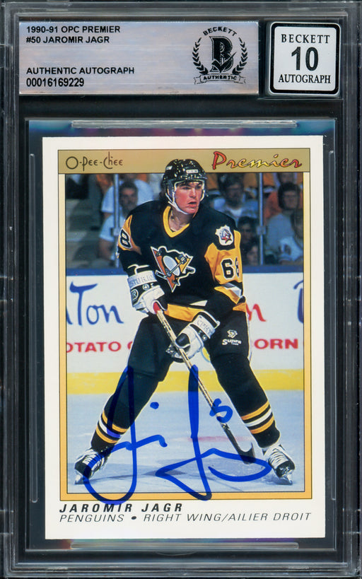 Jaromir Jagr Autographed 1990-91 O-Pee-Chee Premier Rookie Card #50 Pittsburgh Penguins Auto Grade Gem Mint 10 Beckett BAS Stock #220730