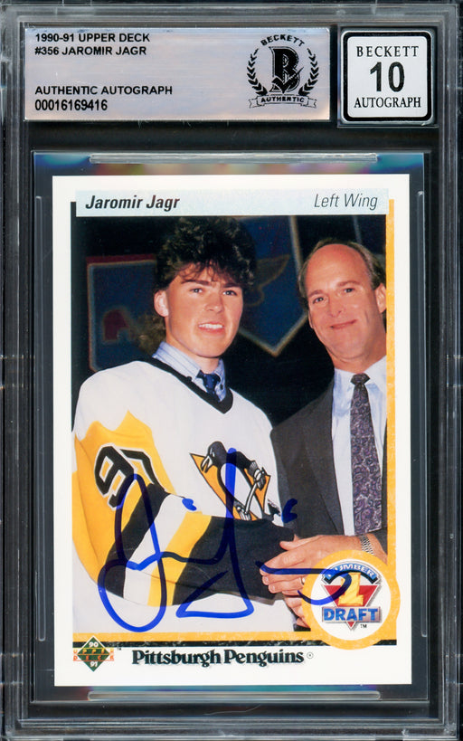 Jaromir Jagr Autographed 1990-91 Upper Deck Rookie Card #356 Pittsburgh Penguins Auto Grade Gem Mint 10 Beckett BAS Stock #220731