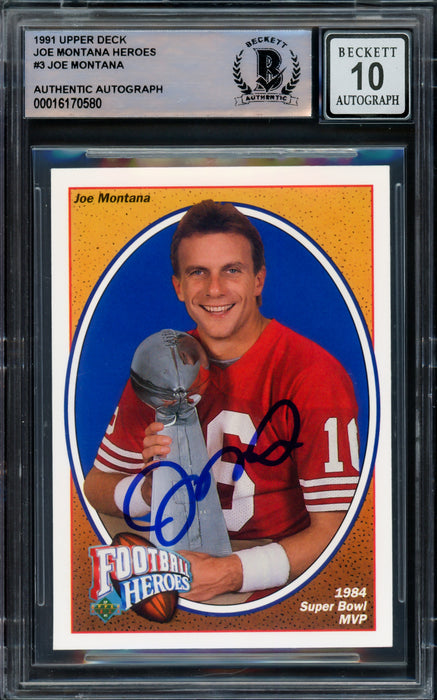 Joe Montana Autographed 1991 Upper Deck Heroes Card #3 San Francisco 49ers Auto Grade Gem Mint 10 Beckett BAS Stock #220757