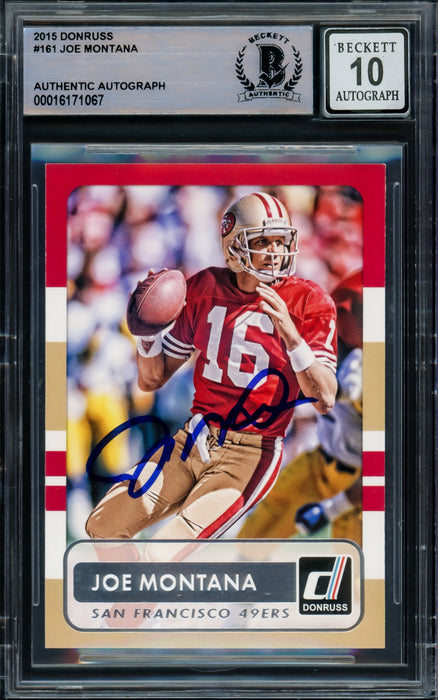 Joe Montana Autographed 2015 Donruss Card #161 San Francisco 49ers Auto Grade Gem Mint 10 Beckett BAS Stock #220774