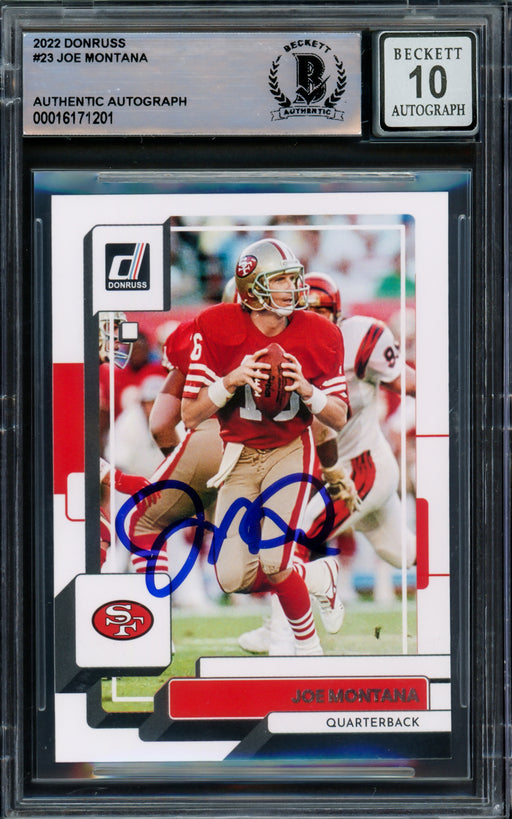 Joe Montana Autographed 2022 Donruss Card #23 San Francisco 49ers Auto Grade Gem Mint 10 Beckett BAS Stock #220776