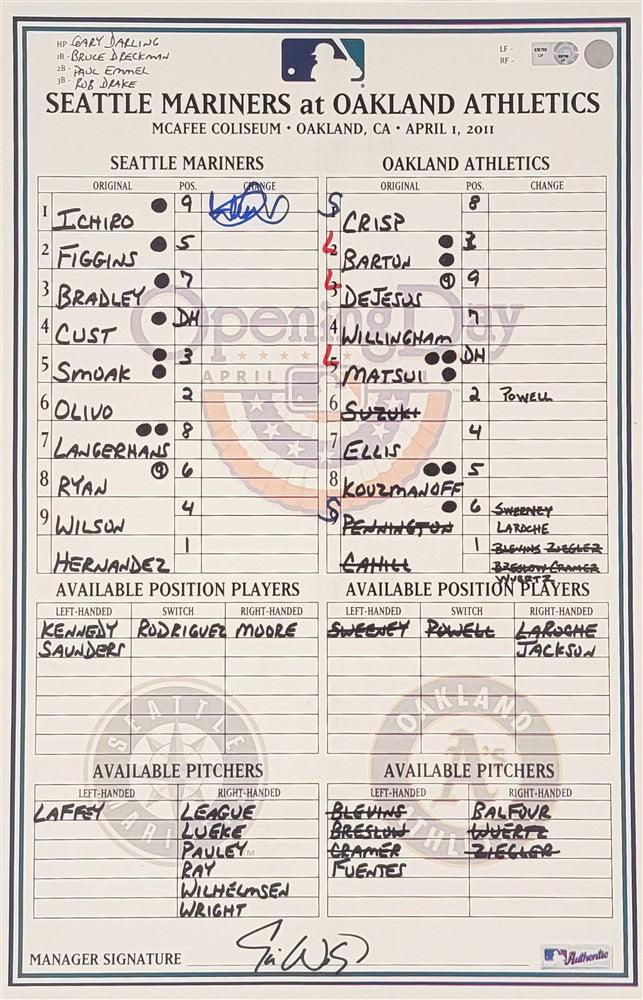 Ichiro Suzuki Autographed Game Used 11x17 Lineup Card Seattle Mariners MLB Holo & IS Holo SKU #209138 - RSA