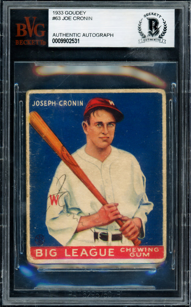 Joe Cronin Autographed 1933 Goudey Rookie Card #63 Washington Senators Beckett BAS #9902531